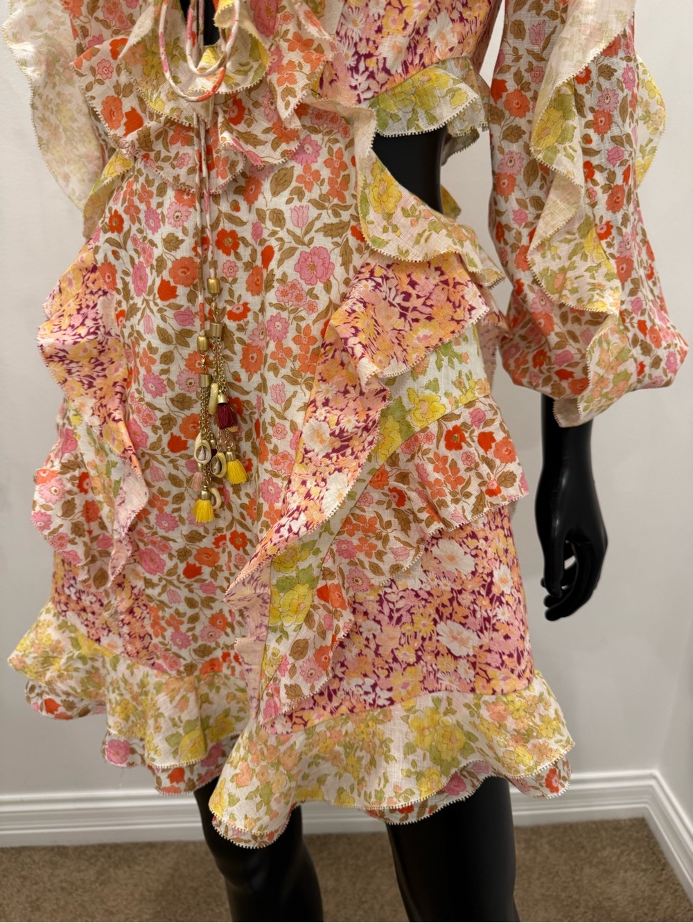 Zimmermann Floral Patchwork Ruffle Cutout Tie Front Mini Dress Size 2 - Picture 6 of 14